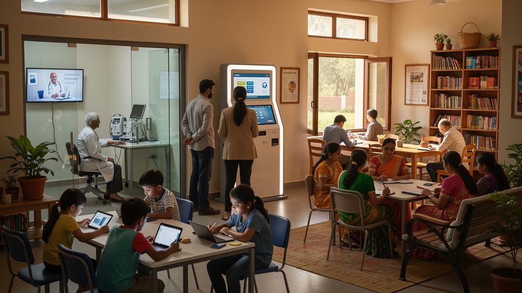 Indian community hub with digital services, learning spaces, and telemedicine support