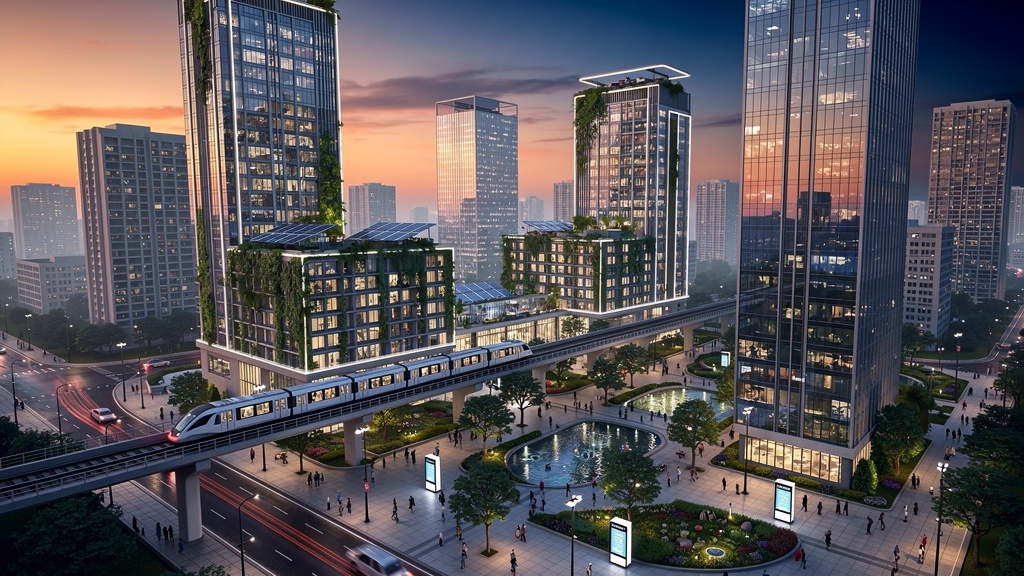Future-ready Indian smart city skyline with public plazas, transit and sustainable high-rises at evening