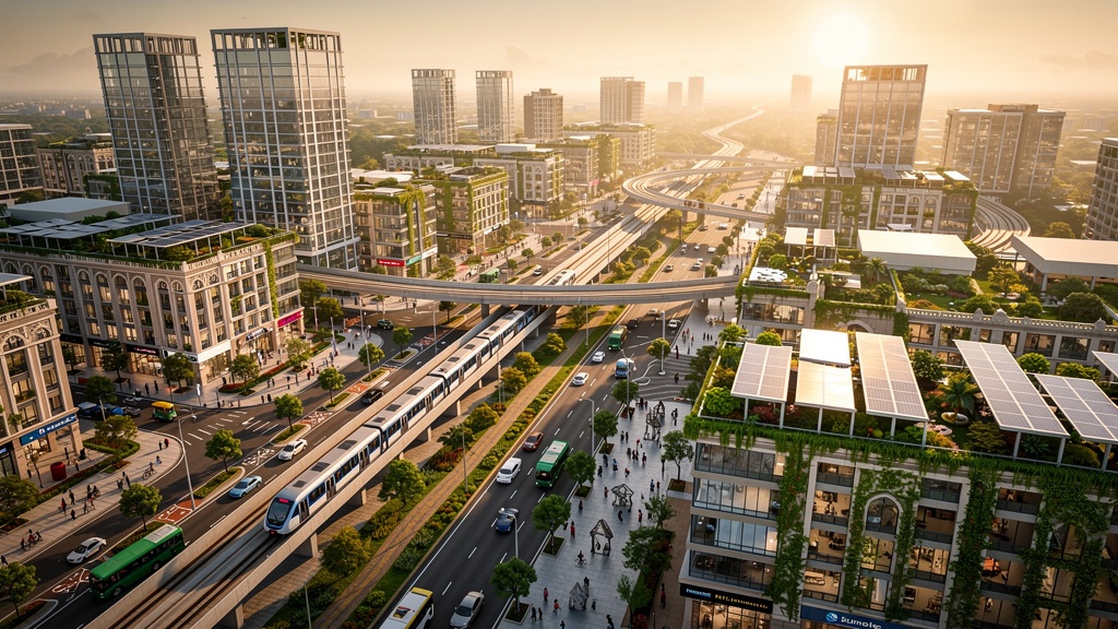 Aerial view of a modern Indian smart city with metro lines, green buildings, and clean boulevards