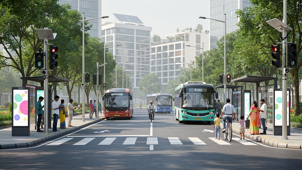 Street-level view of an Indian smart city with electric buses, digital kiosks, and smart pedestrian crossings