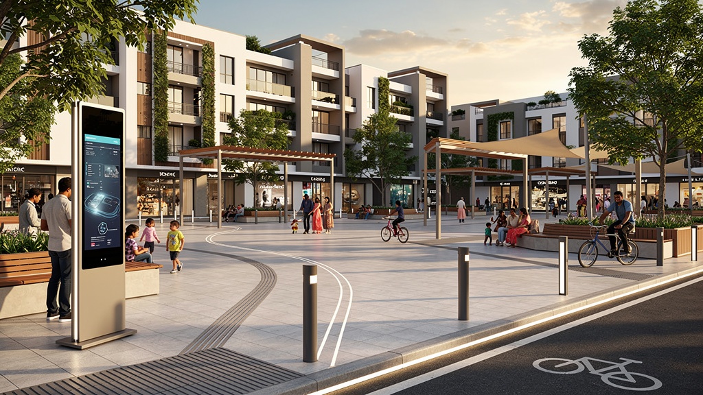 Modern Indian public plaza with interactive smart city displays and accessible pathways