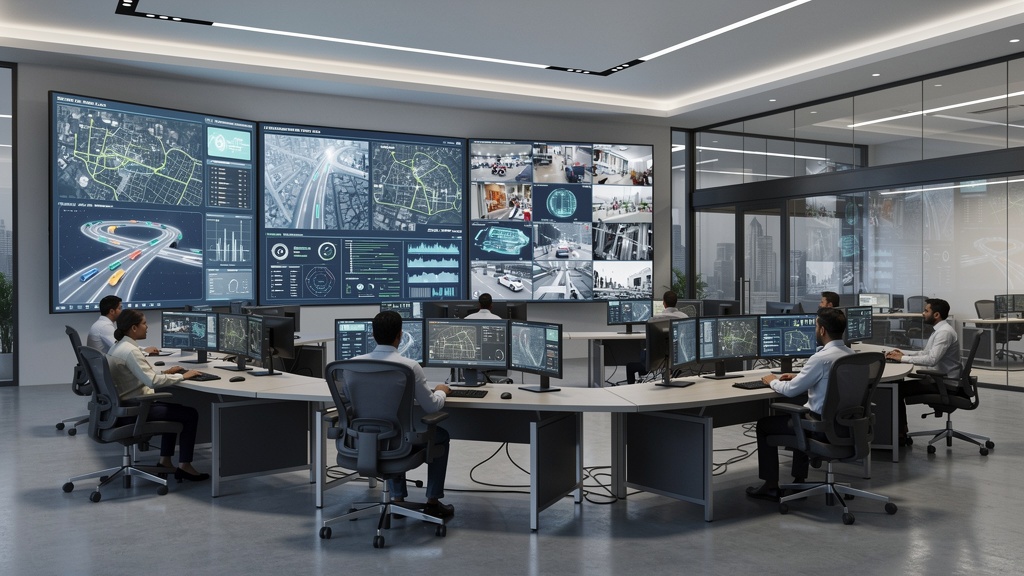 Smart city command and control center in India with large digital dashboards and operations staff